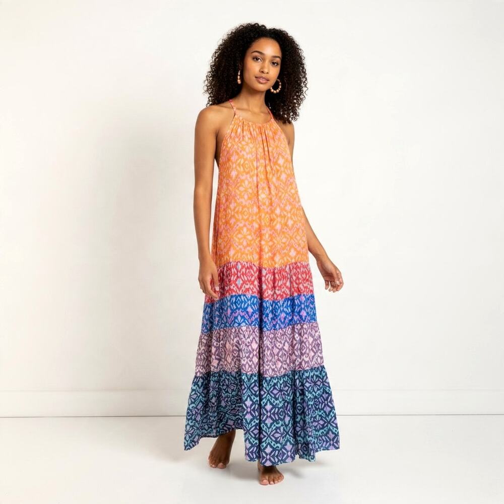 Xirena Maxi Dress L Cotton Silk Multicolor Tiered Boho Resort Sleeveless